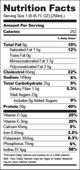 EO3 Nutritional Facts Table for their omega-3 multi-nutritional smoothie which also contains protein, antioxidants, potassium and many other ingredients beneficial to the body